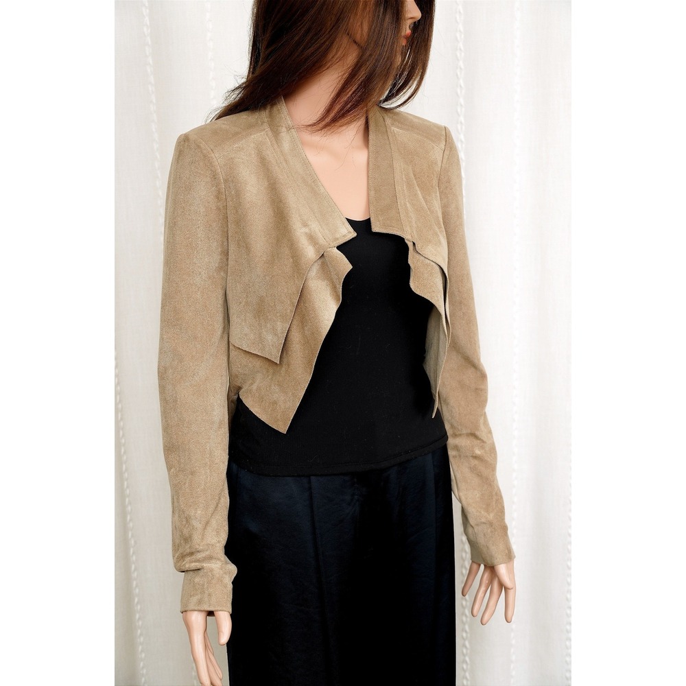 BCBGMAXAZRIA Tan Faux Suede Cropped Draped Open Front Cowl Back Jacket XS